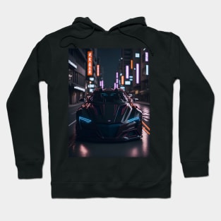 Dark Sports Car in Japanese Neon City Hoodie